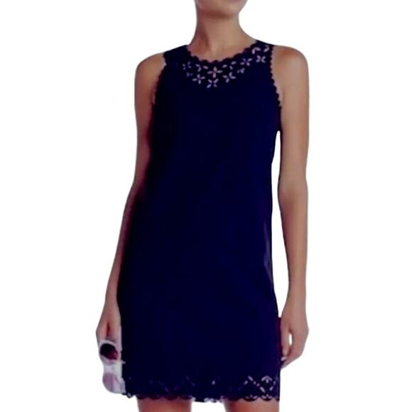 J Crew 14 Womens Navy Laser Cut Floral Dress Mini Sleeveless Classic Shift - Picture 9 of 9